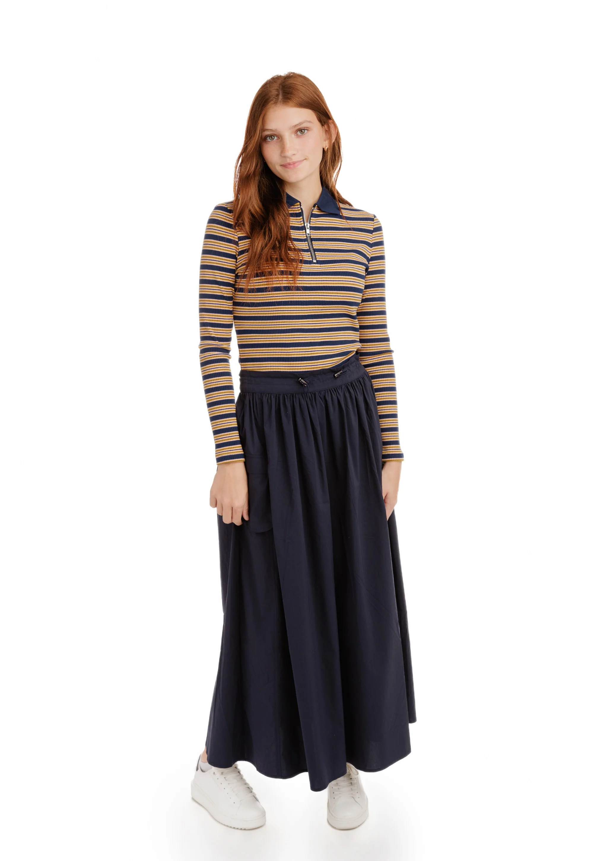 Striped Ribbed Polo T-Shirt - Navy/Orange - Image 3